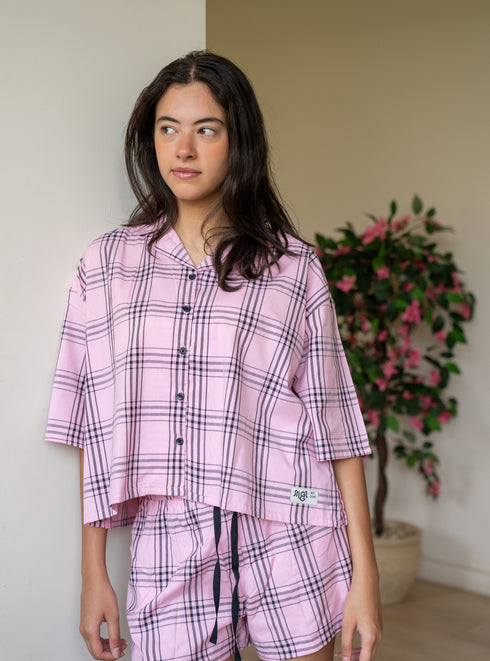 Women Summer Pajama set checkered Pink x Grey T-shirt + Shorts